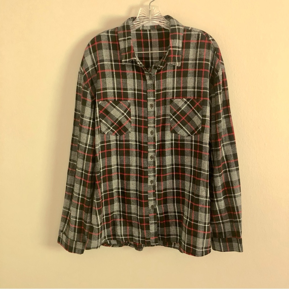 Sheshow Plus Size Red, Black, and White Plaid Button Down Flannel Shirt